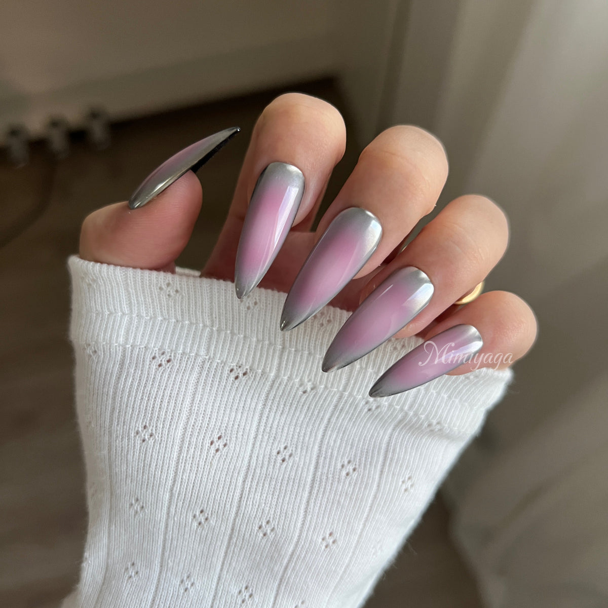 Close-up of Blush Alloy handmade press on nails showing blush pink airbrush and reflective silver chrome edges