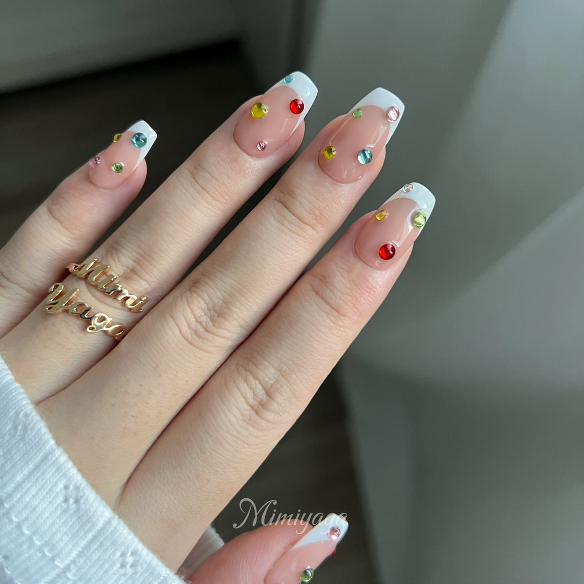 Confetti French colorful crystal French tip press on nails worn on hands