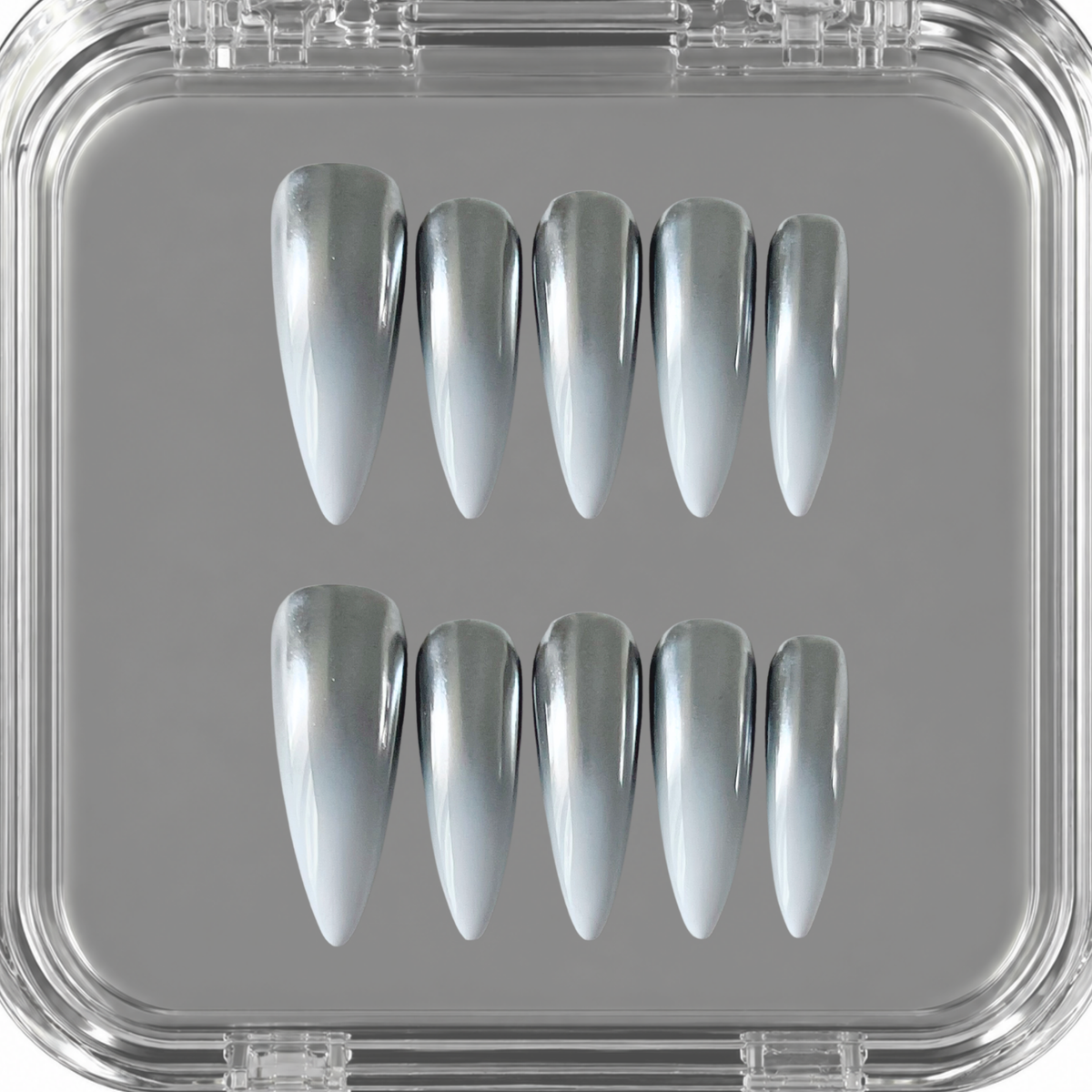 Frost Alloy handmade press on nails with silver chrome and soft white gradient details