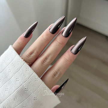 Last Call dark burgundy brown cat eye press on nails worn on hands