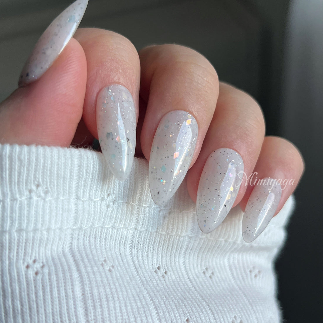 Snow Quartz handmade milky white press on nails with silver and iridescent reflective flecks