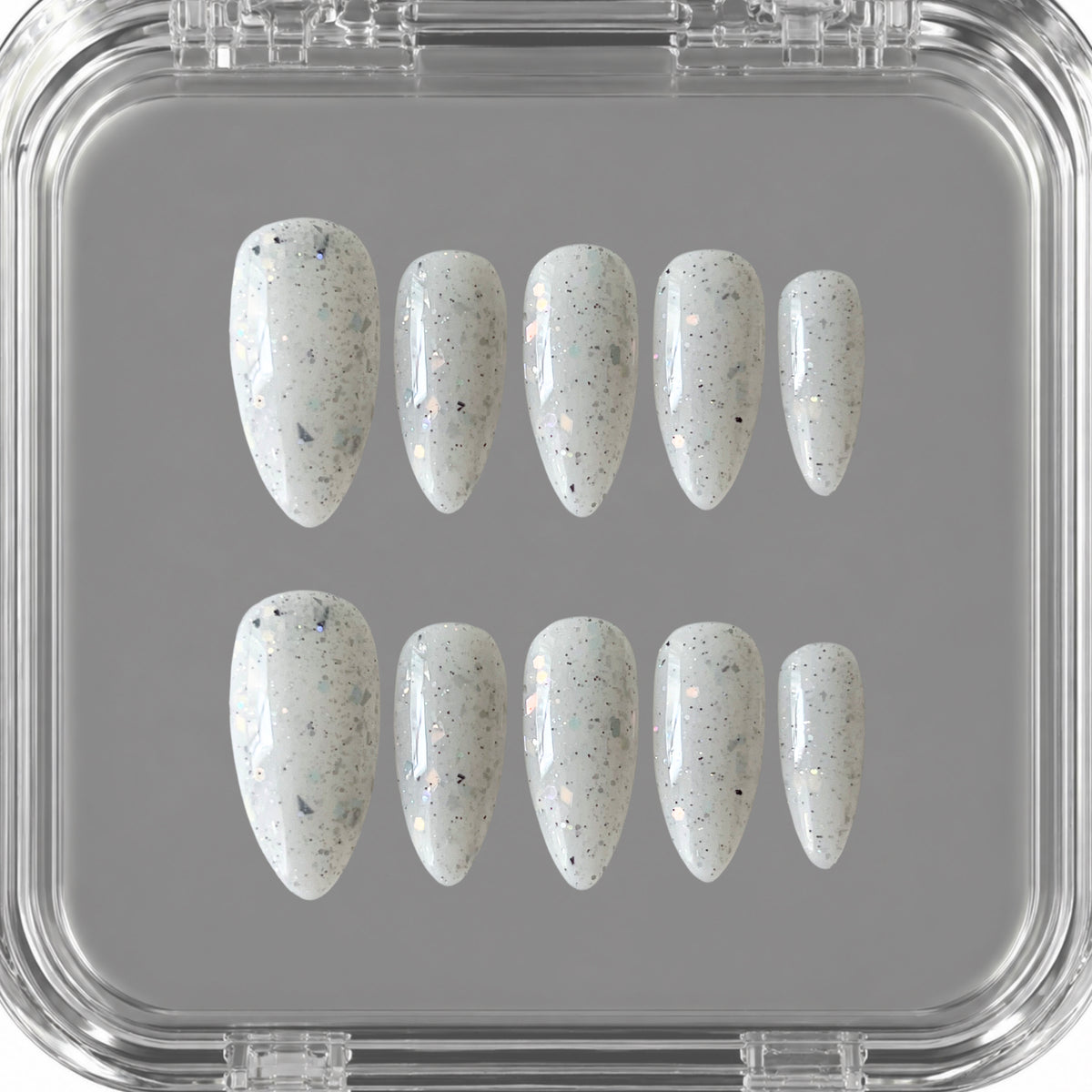 Snow Quartz handmade milky white press on nails with silver and iridescent reflective flecks
